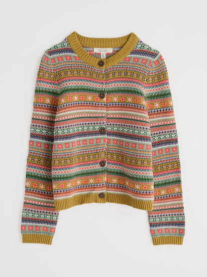 Colourful patterned cardigan with buttons on a white background