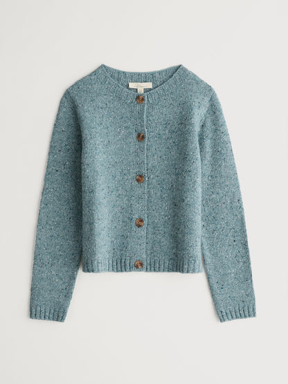 Blue knitted cardigan with brown buttons on a light gray background