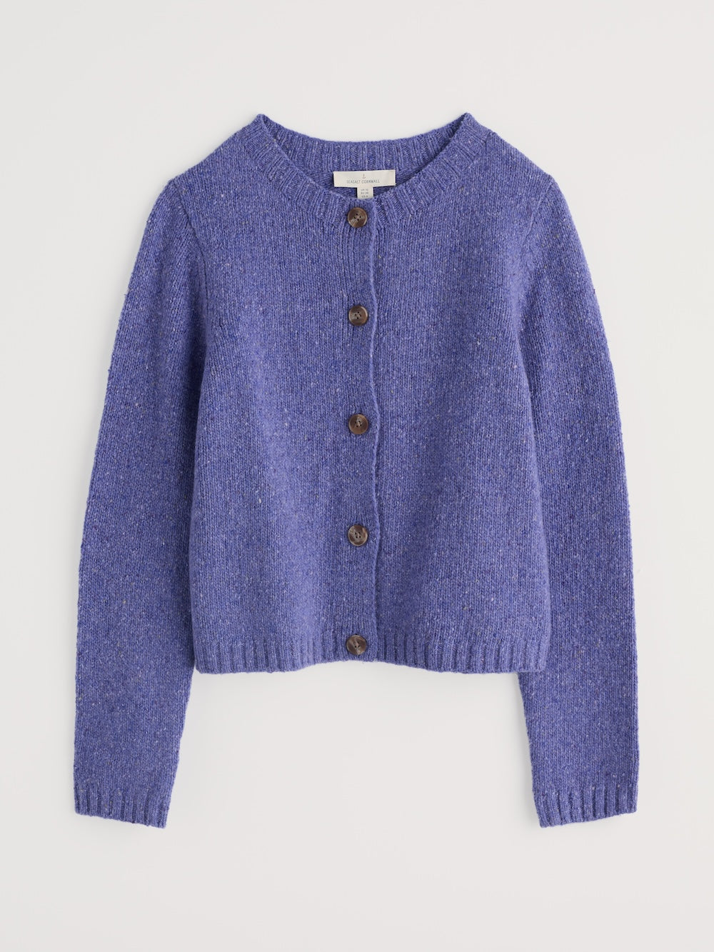 Purple knitted cardigan with buttons on a light grey background
