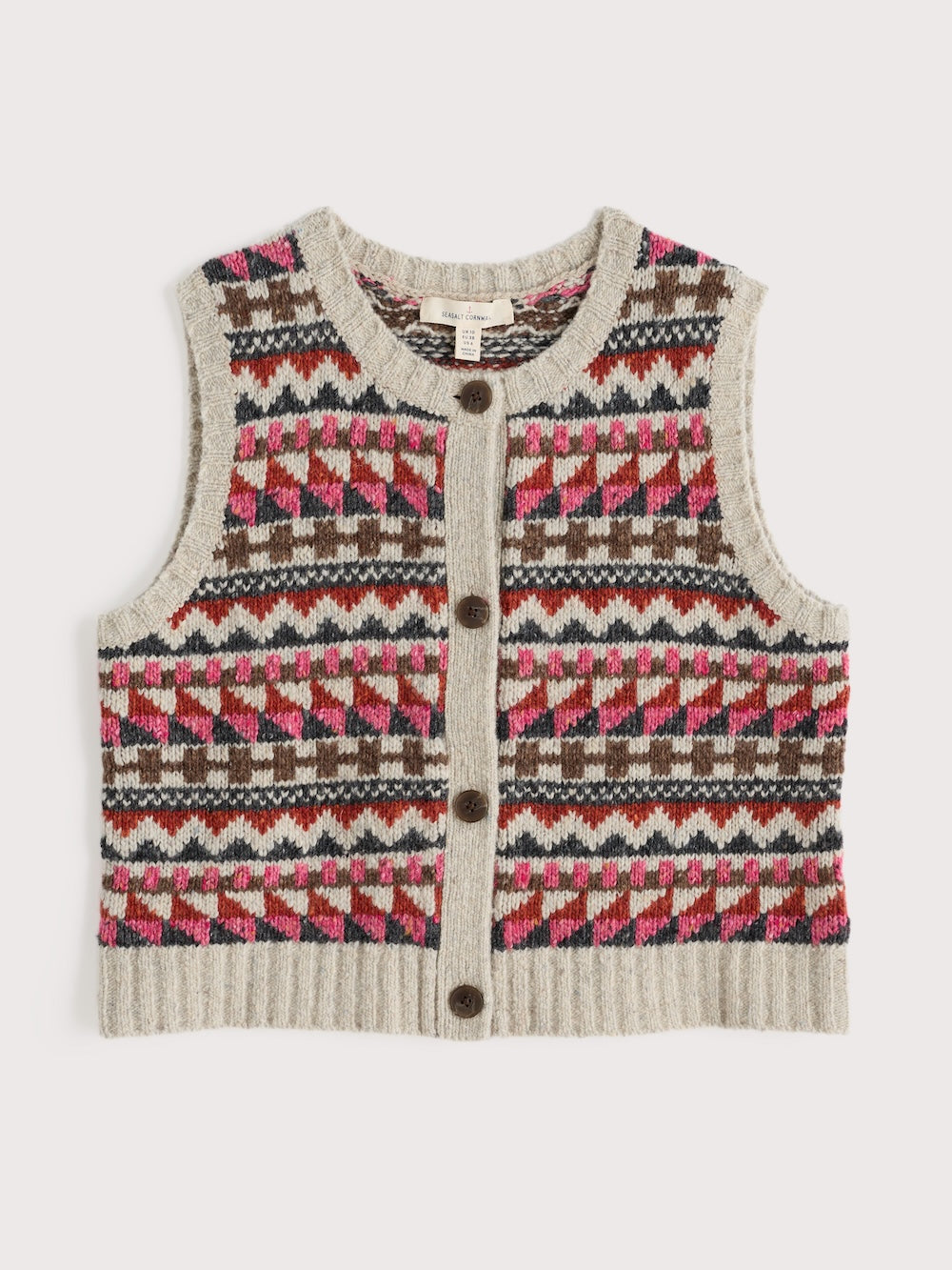 Knitted vest with a colorful geometric pattern on a white background