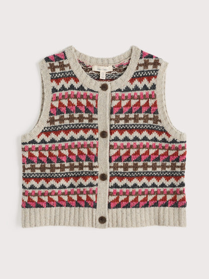 Knitted vest with a colorful geometric pattern on a white background