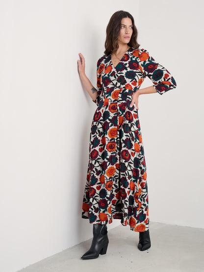 Woman wearing a floral dress with a white background