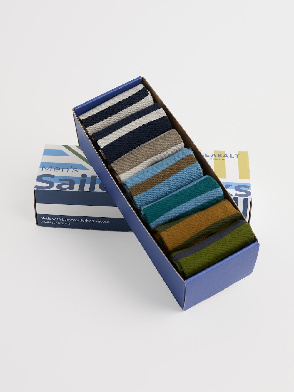 Box of colorful socks with a visible brand logo on a white background
