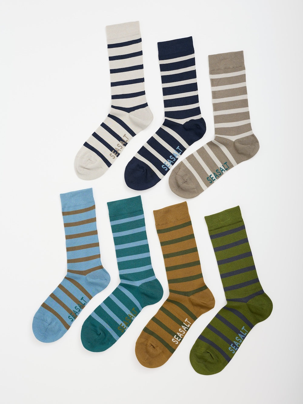 Set of striped socks in various colors on a white background