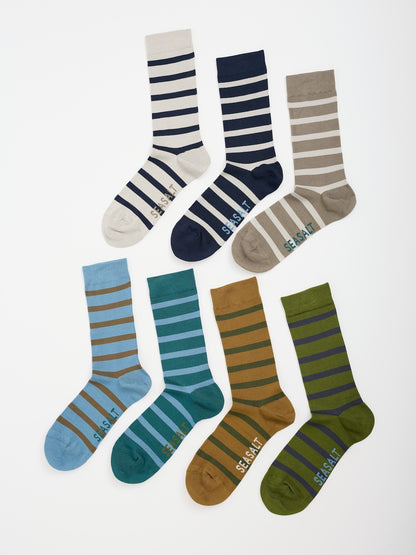 Set of striped socks in various colors on a white background