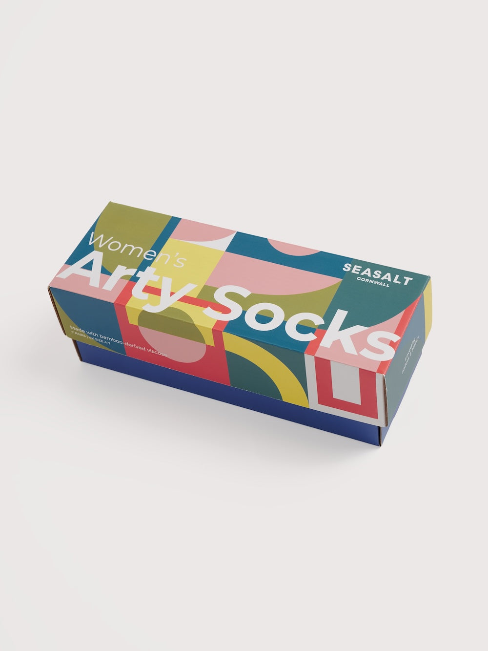Colorful box of women's activity socks on a white background