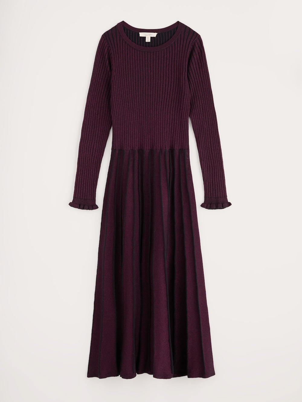 Purple ribbed dress with long sleeves on a white background