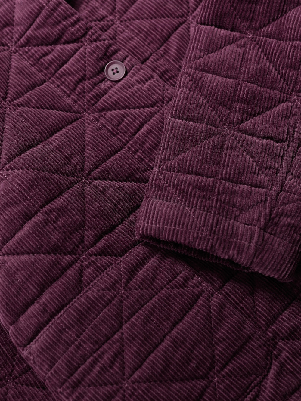 Close-up of a purple quilted jacket with button detail