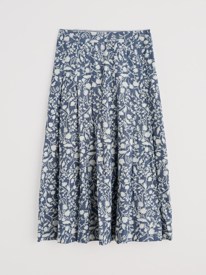 Blue floral patterned skirt on a white background