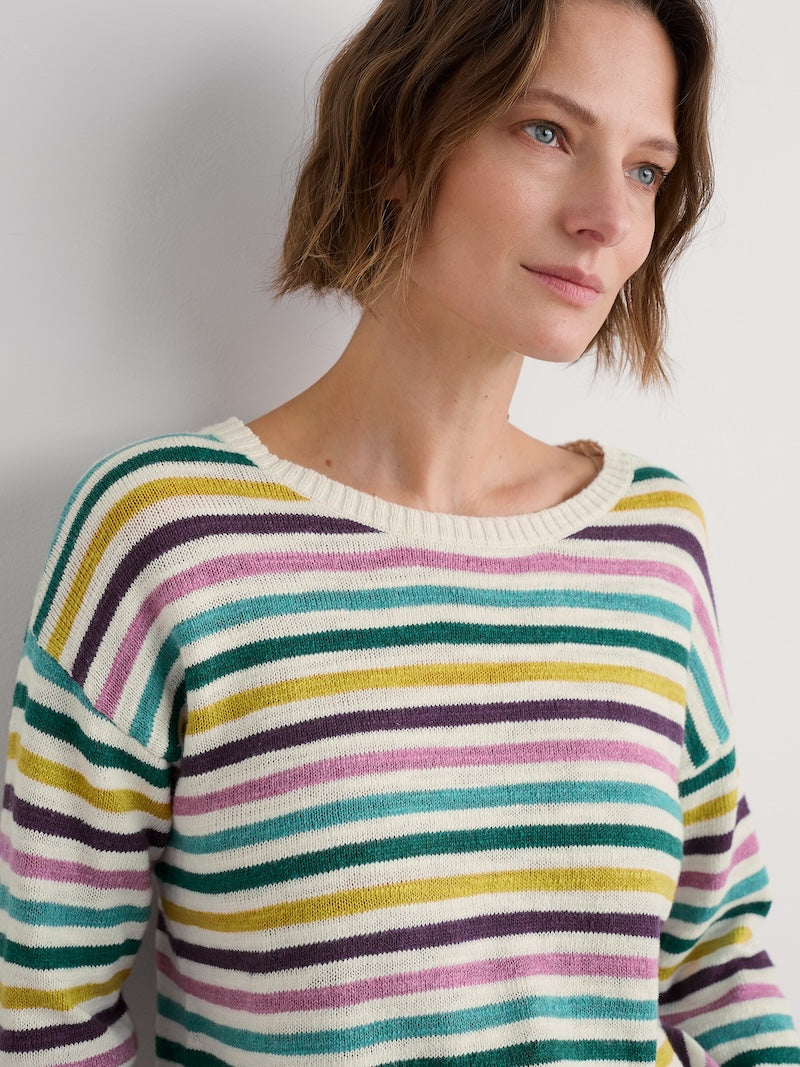 Woman wearing a colourful striped sweater against a plain background