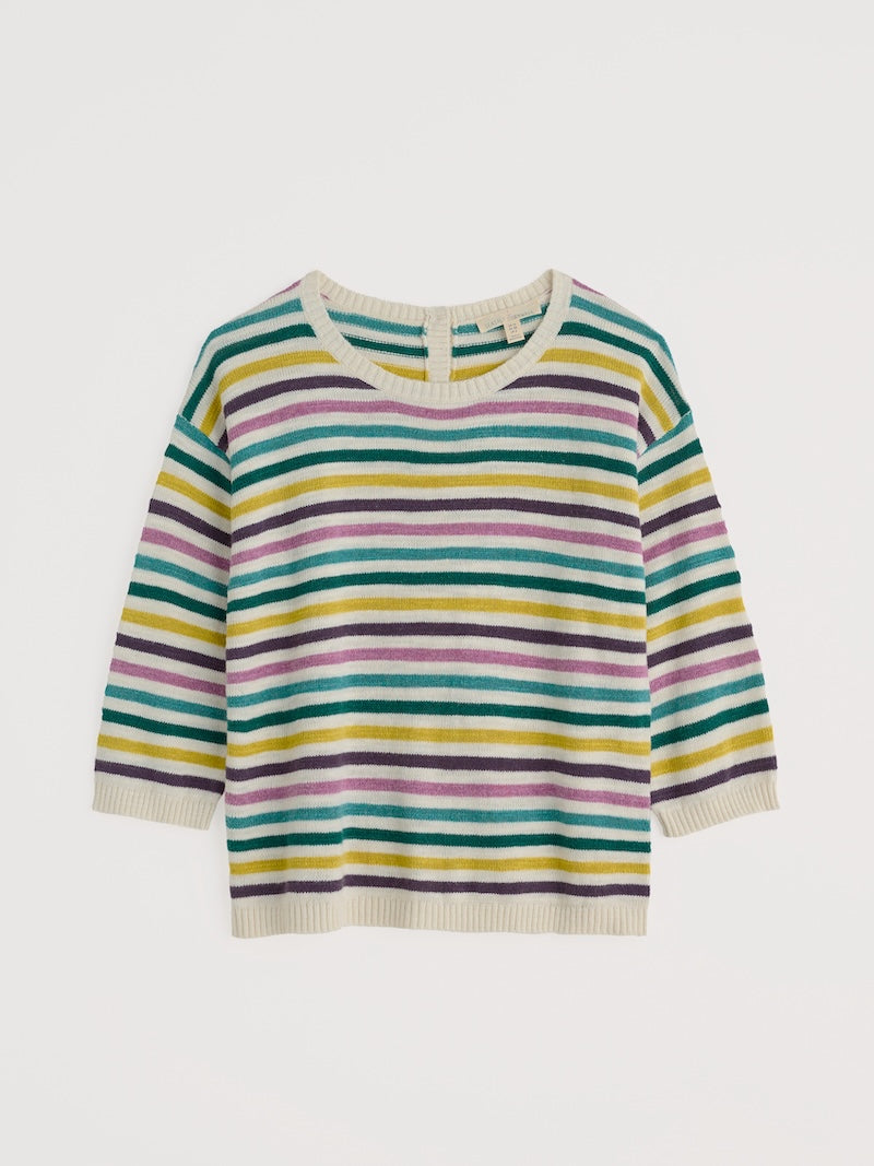 Striped sweater with multicolor pattern on a light gray background