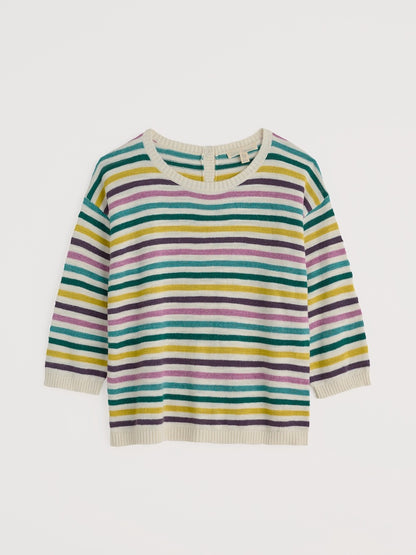 Striped sweater with multicolor pattern on a light gray background