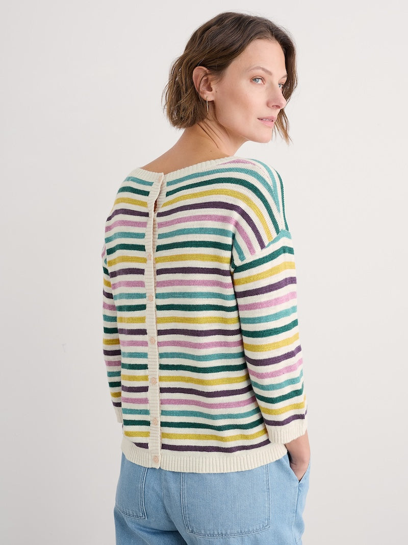 Woman wearing a colourful striped sweater against a plain background