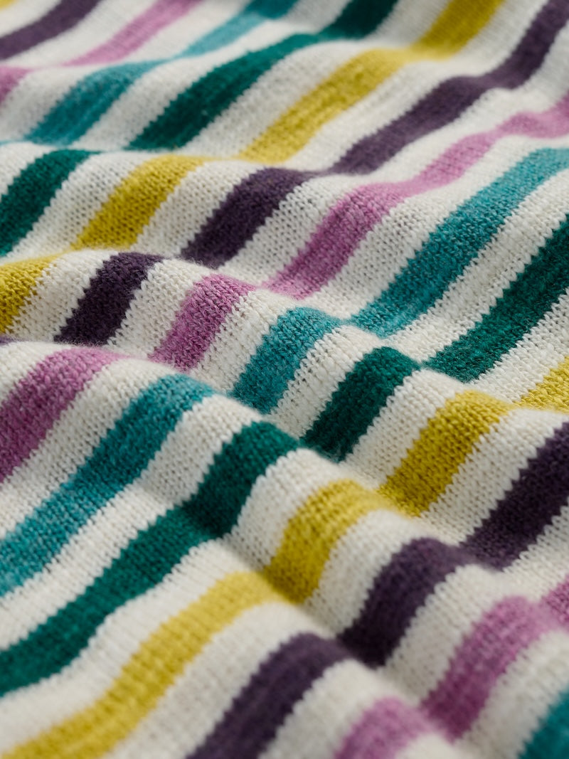 Close-up of multicoloured striped fabric with purple, yellow, green, and white.