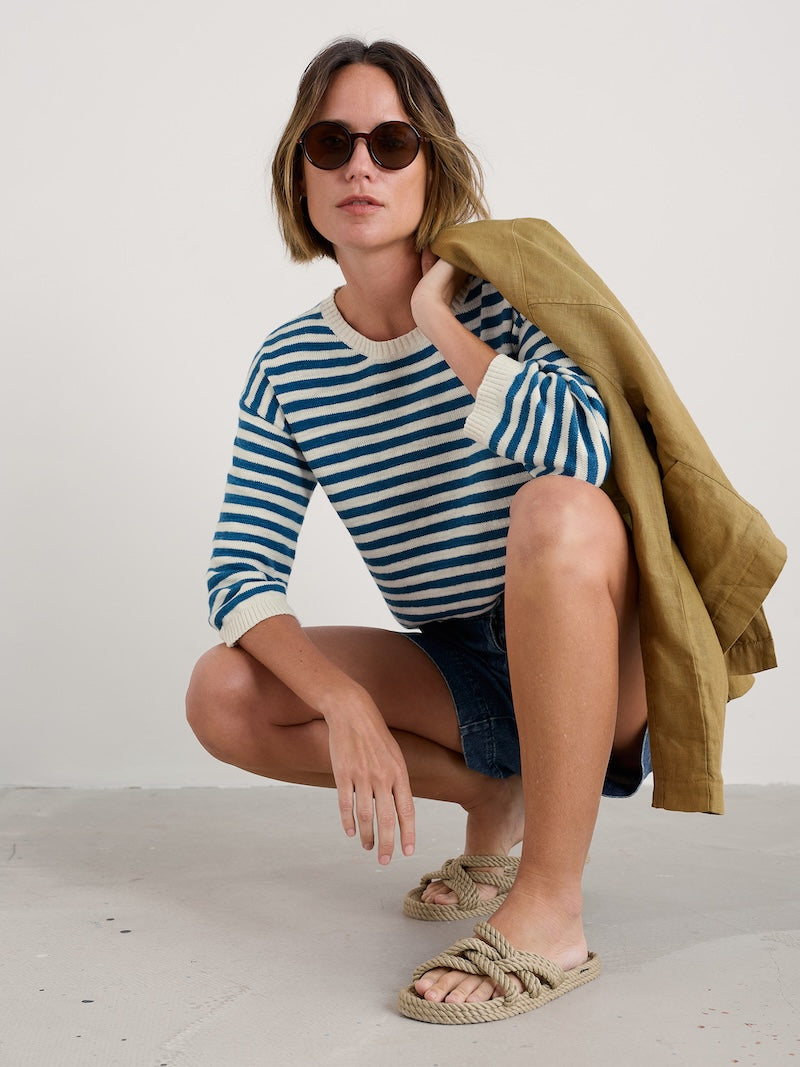 Woman wearing a striped sweater and sunglasses, sitting on the floor with a jacket over her shoulder.