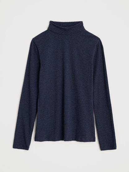 Navy turtleneck sweater on a light gray background