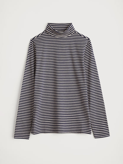 Black and white striped turtleneck sweater on a light gray background
