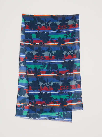 Scarf with floral and striped pattern on a white background