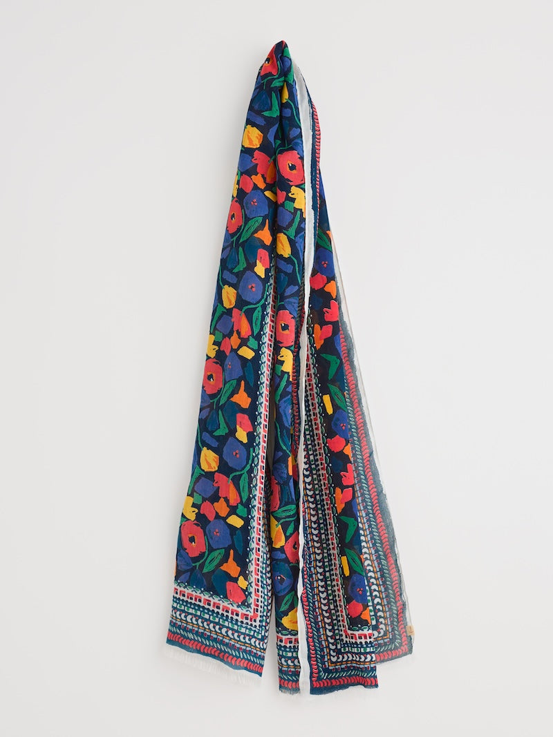 Colourful floral-patterned scarf on a white background