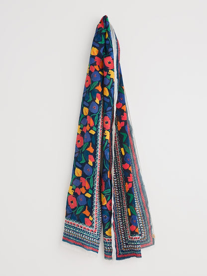 Colourful floral-patterned scarf on a white background