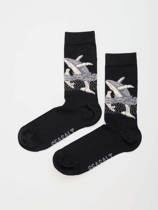 Black socks with whale design on a white background