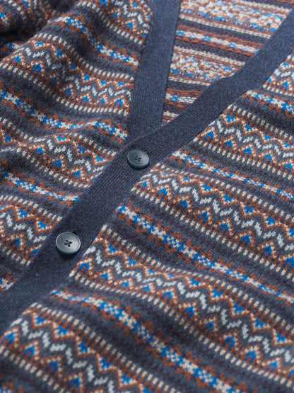 Close-up of a patterned cardigan with buttons