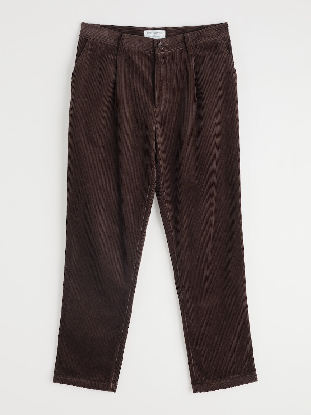 Brown corduroy pants on a white background