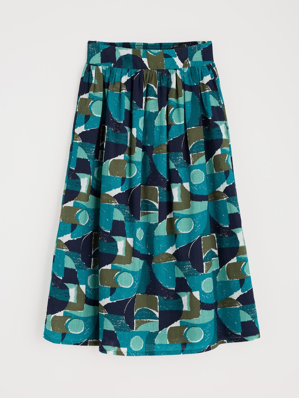 Blue and green patterned skirt on a white background
