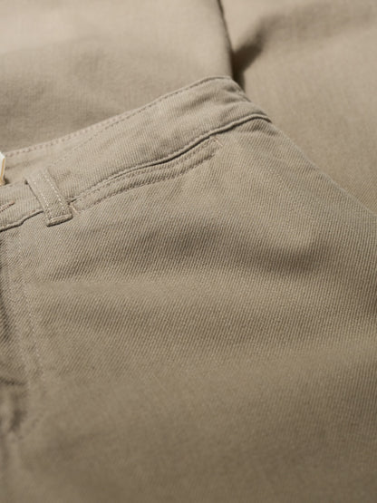 Close-up of beige pants with a focus on texture and stitching.