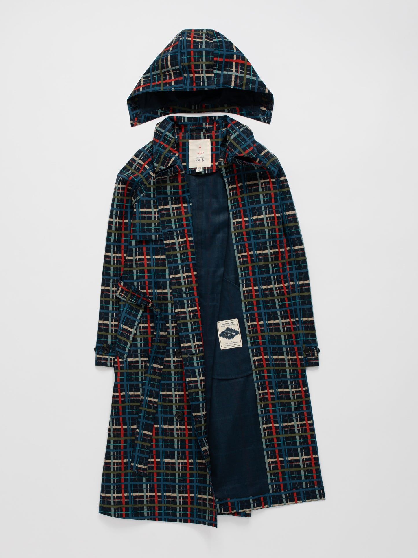 Plaid rain coat with a hood on a white background