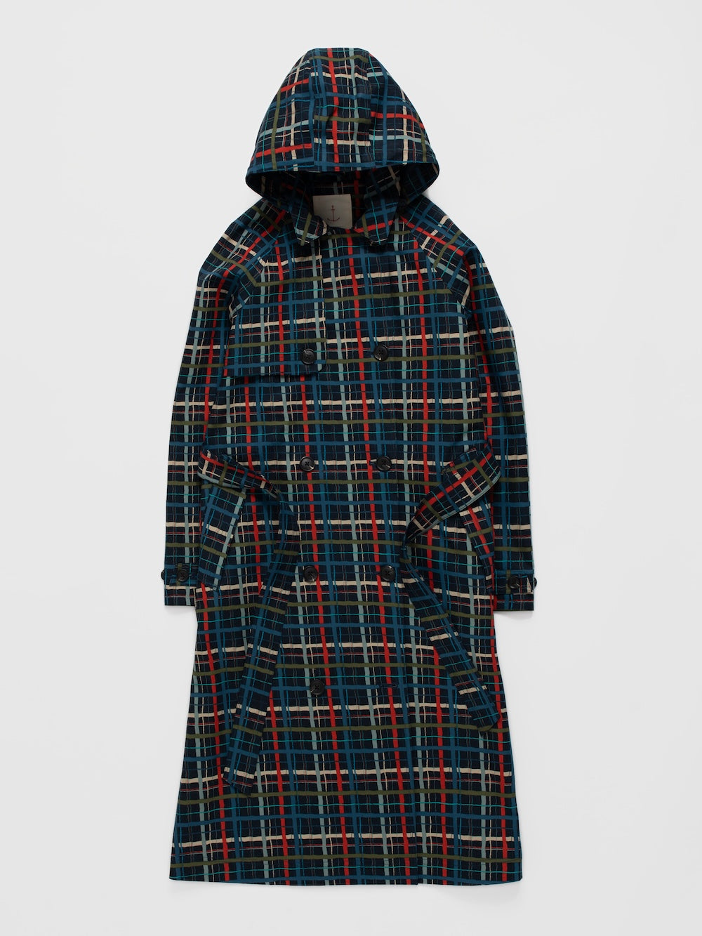 Plaid rain coat with a hood on a white background
