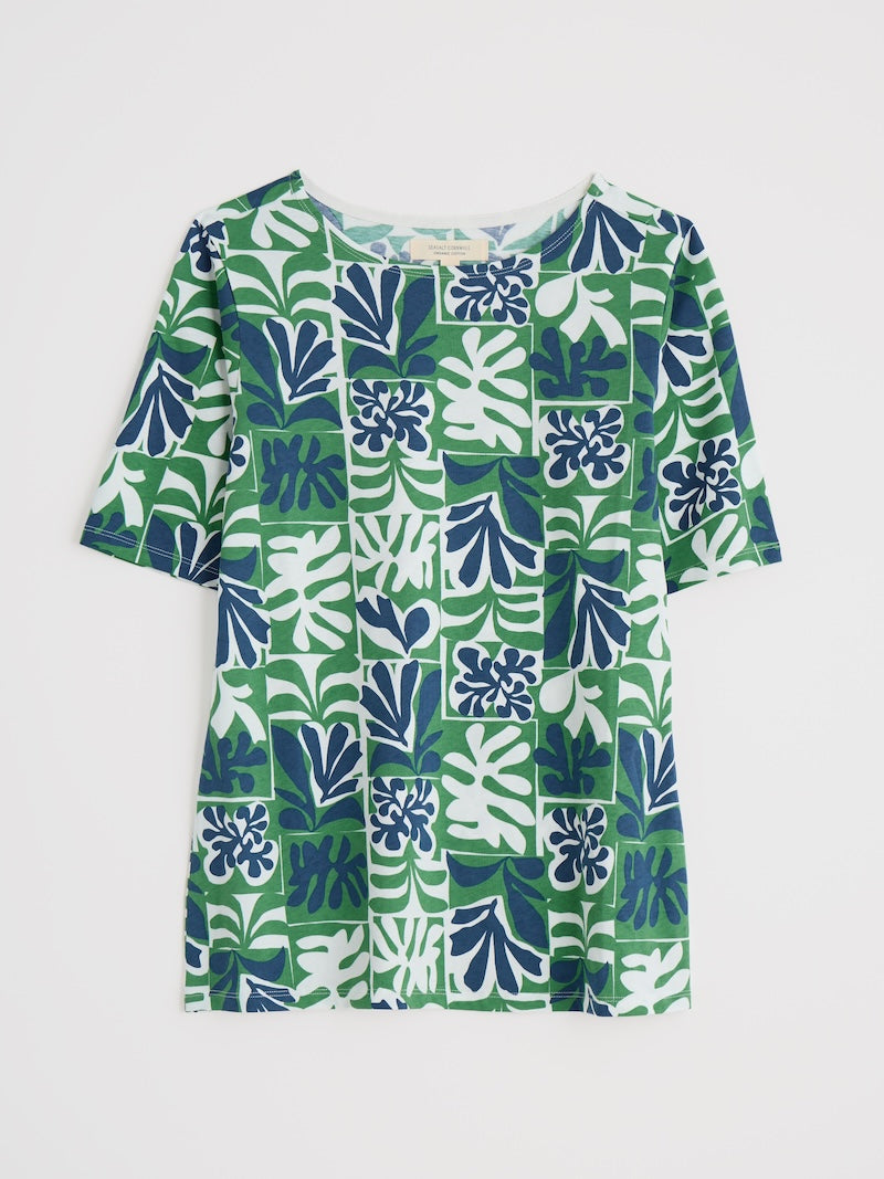 Green and blue patterned shirt on a white background