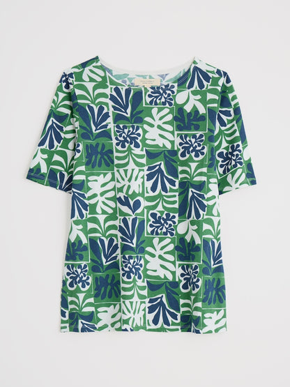 Green and blue patterned shirt on a white background