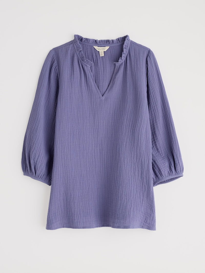 Purple blouse with a V-neck and short sleeves on a white background