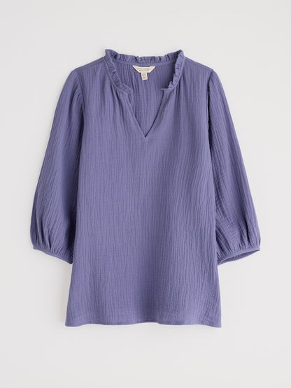Purple blouse with a V-neck and short sleeves on a white background