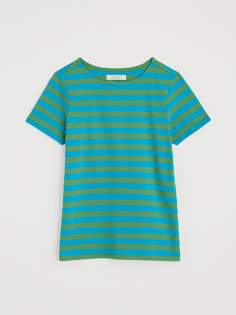 Green and blue striped t-shirt on a white background