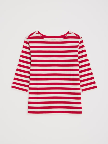 Red and white striped top on a light grey background