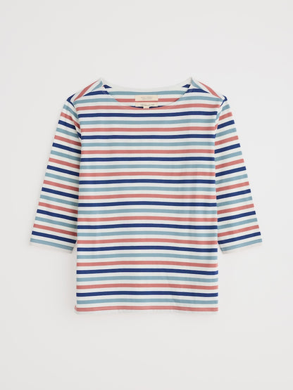 Striped long-sleeve shirt with red, blue, and white colors on a light gray background