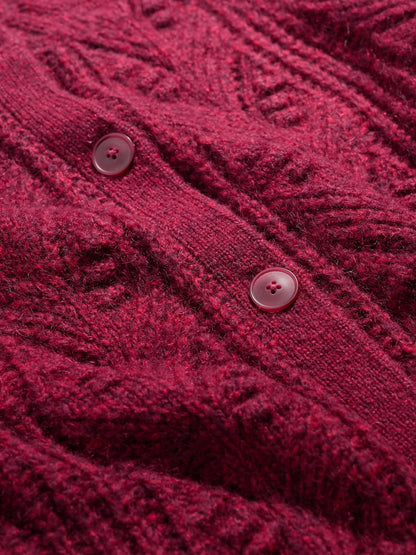 Close-up of a red knitted cardigan with buttons