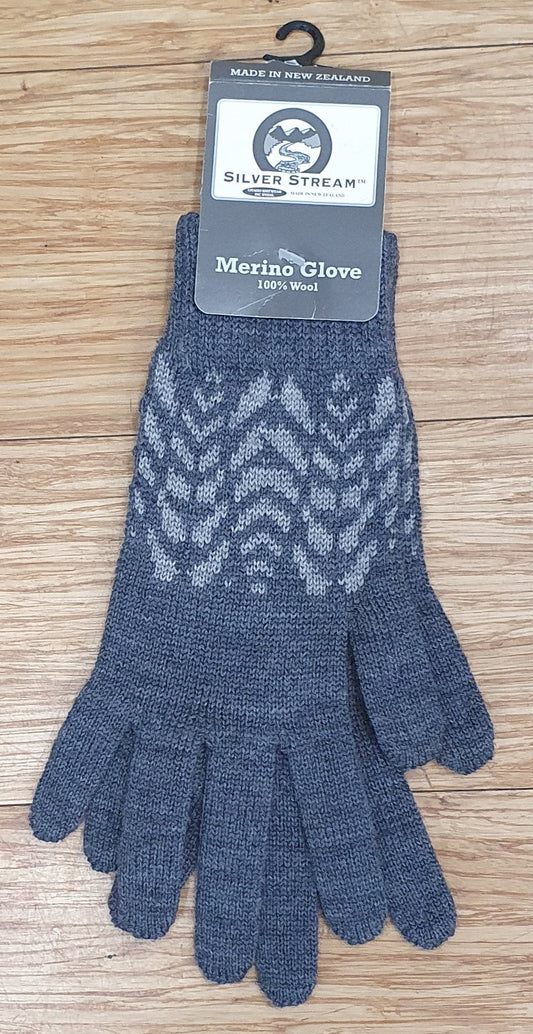 Gloves Merino Pattern Silver Stream M Charcoal 