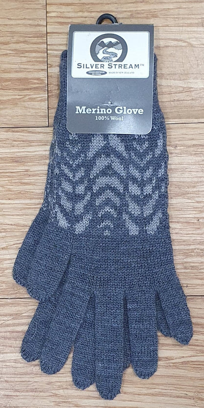 Gloves Merino Pattern Silver Stream S Charcoal 