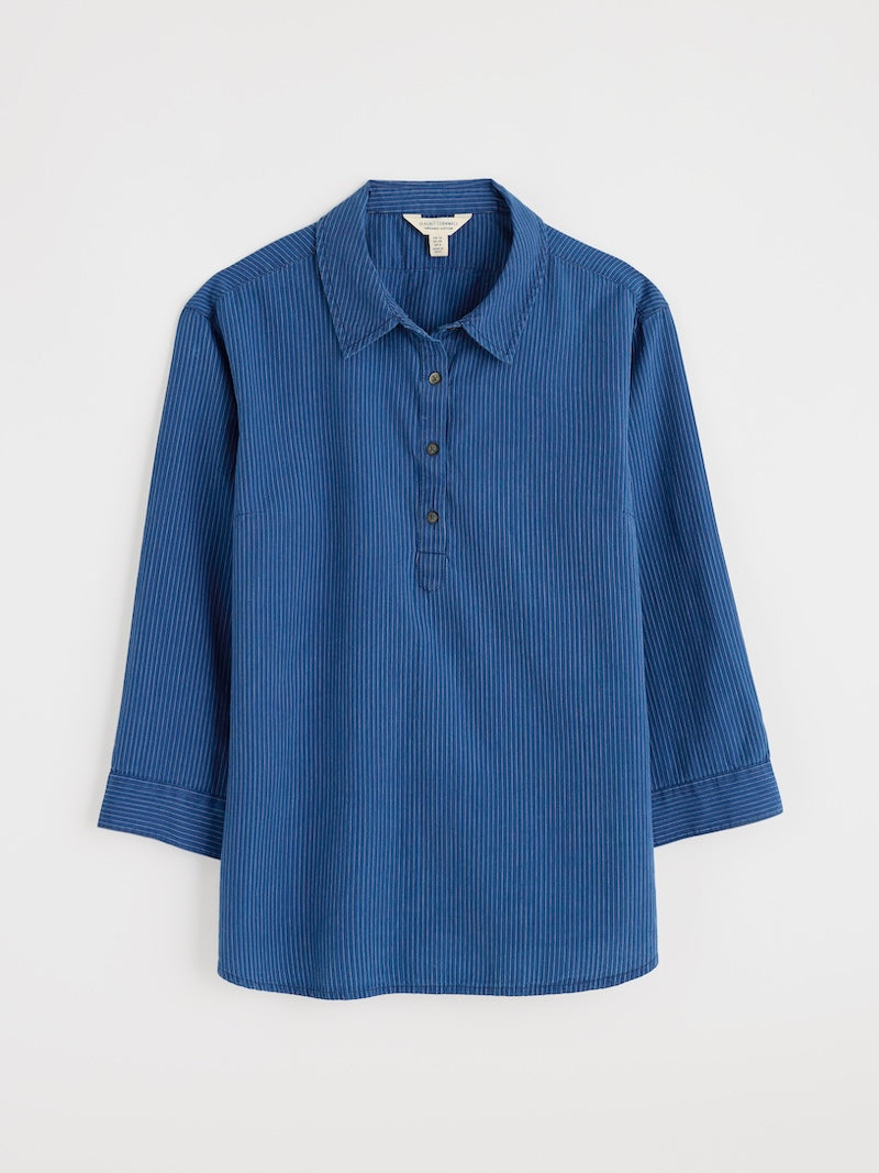 Blue striped shirt on a light grey background