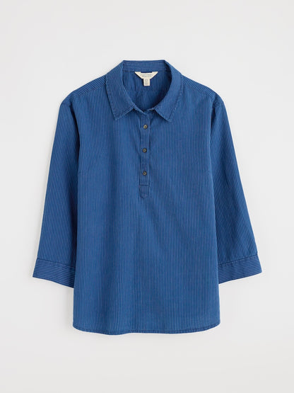 Blue striped shirt on a light grey background