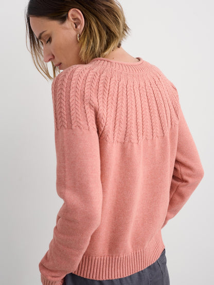 Person wearing a pink knitted sweater on a plain background
