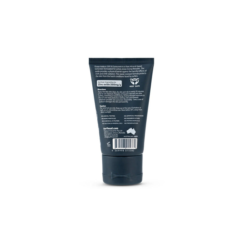 Natural sunscreen in blue tube on white background. Natural, hydrating SPF30 sunscreen providing UVA/UVB broad-spectrum protection. 4-hour water-resistant, reef safe, cruelty free, chemical free sunscreen. 