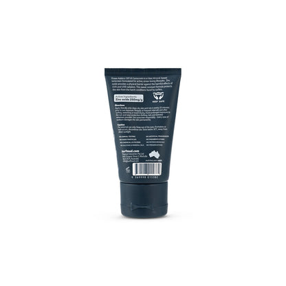 Natural sunscreen in blue tube on white background. Natural, hydrating SPF30 sunscreen providing UVA/UVB broad-spectrum protection. 4-hour water-resistant, reef safe, cruelty free, chemical free sunscreen. 