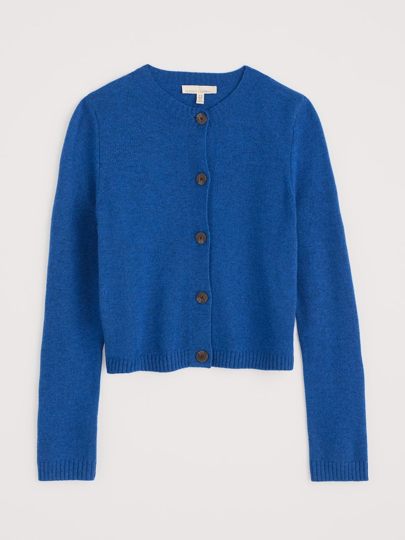 Blue cardigan with brown buttons on a light gray background