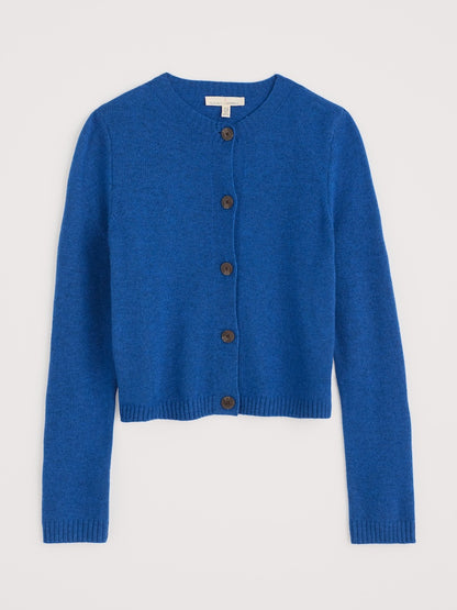 Blue cardigan with brown buttons on a light gray background