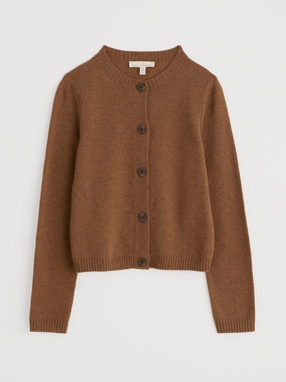 Brown cardigan with buttons on a white background
