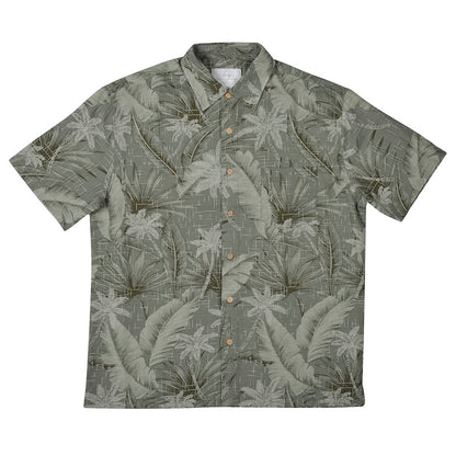 Mens green shirt with fern and palm tree design flat lay on white background. Breathable, comfy, sustainable and soft bamboo button up short sleeve mens shirt